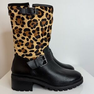 Logo Lori Goldstein Paige Calfskin Leather Moto Boot Black Animal Print Size 7.5